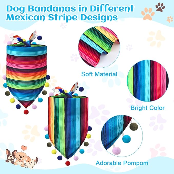 2 Pcs Mexican Dog Bandana Cinco De Mayo Fiesta Dog Costume Summer Mexican Pet Triangle Bib Adjustable with Pom Poms for Small Medium Pets Cats