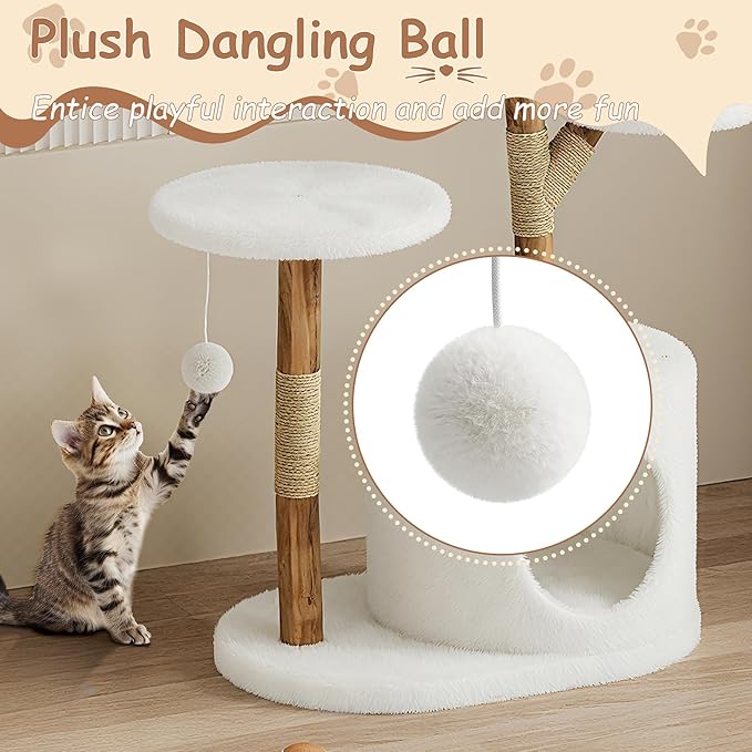 Real Wood Modern Cat Tree Tower, Cat Scratching Post with Bed for Indoor Cats with Natural Wicker Condo, Aesthetic Tree Stand, Boho Luxury Pet Furniture Two Platform
