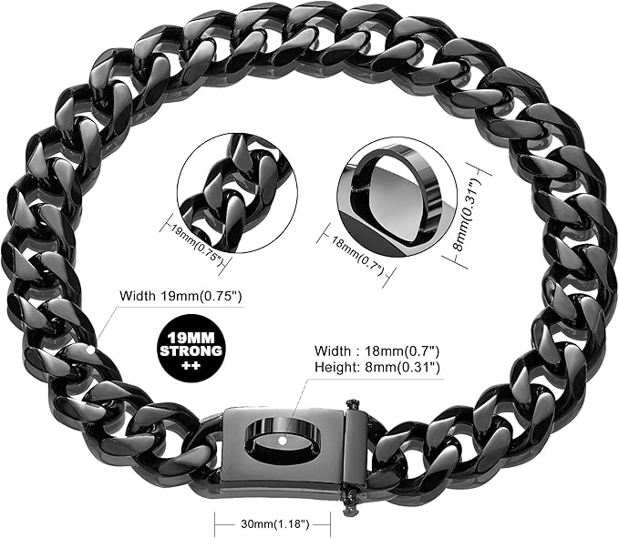 Dog Chain Collar Walking Collar with Design Secure Buckle 19MM Black Cuban Link Strong Heavy Duty Chew Proof Chain(19MM, 10")