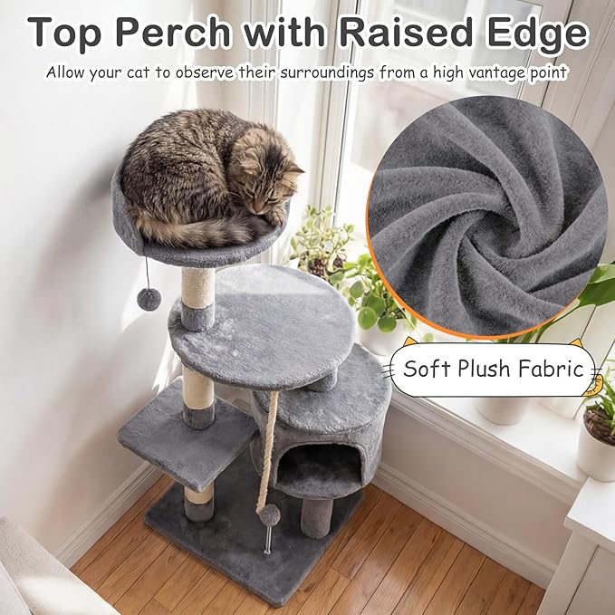 Tangkula 36 Inch Cat Tree Tower, Multi-Level Cat Tower with Condo, Top Perch, Sisal Scratching Posts & Hanging Rope, Spring & Hanging Balls, Climbing Platforms for Indoor Cats and Kittens (Light Gray)