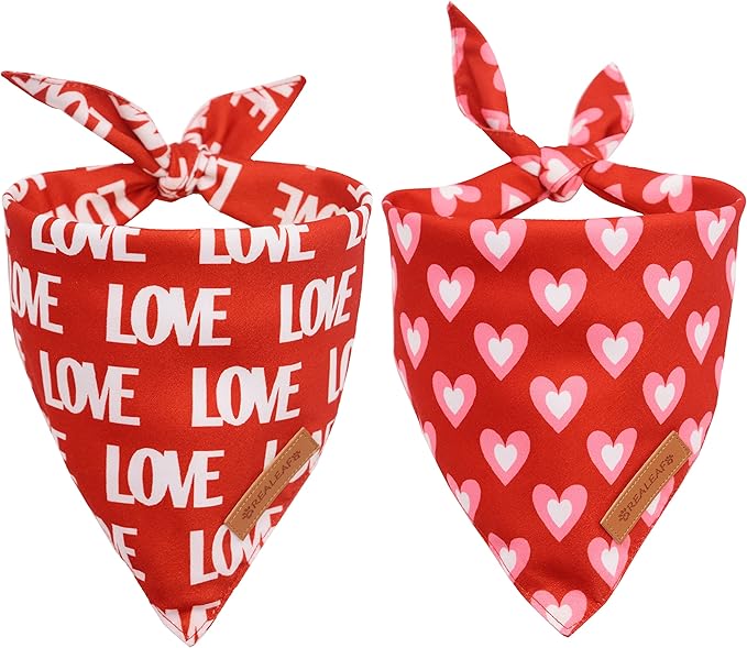 Realeaf Valentine's Day Dog Bandanas 2 Pack, Triangle Reversible Love Pet Scarf for Boy and Girl, Premium Durable Fabric, Holiday Mothers Day Bandana for Medium and Large Dogs (Large)