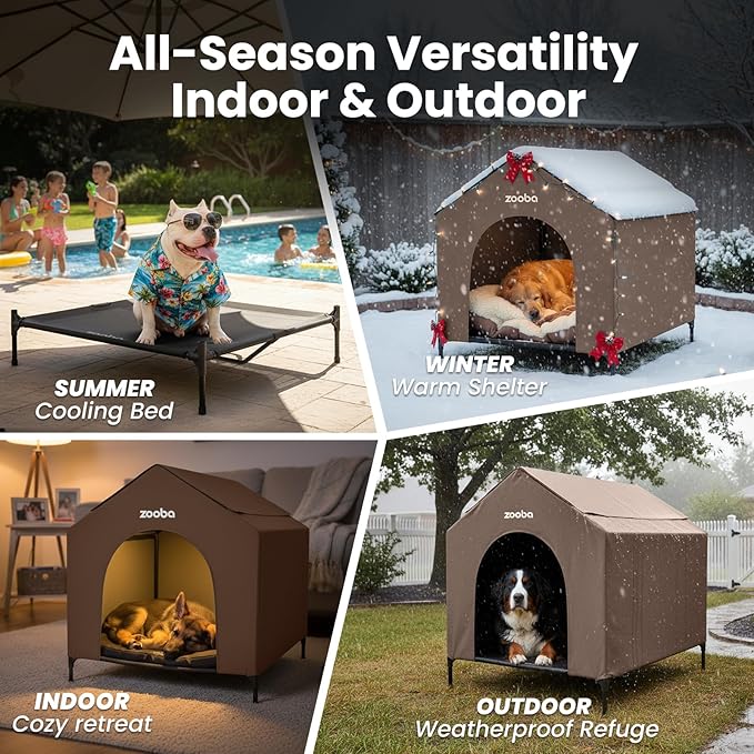 42" 2-in-1 Dog House for Medium Dogs, Elevted Dog House Outdoor/Indoor, Puppy Shelter Outside,Water Resistant 600D PVC and Durable 2x1 Textilene Raised Dog Bed(Brown)