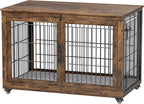 Dog Crate Furniture with Cushion Set of 2, Wooden Dog Kennel Indoor with Double Doors, Dog Cage with Wheels, Dog House Side End Table for Large Dogs up to 85 lb, 44" L, Rustic Brown