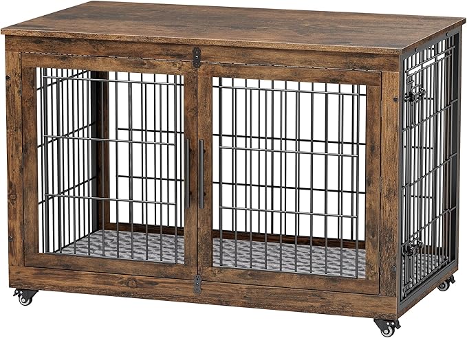 Dog Crate Furniture with Cushion, Wooden Dog Kennel Indoor with Double Doors, Dog Cage with Wheels, Dog House Side End Table for Large Dogs up to 85 lb, 44" L, Rustic Brown