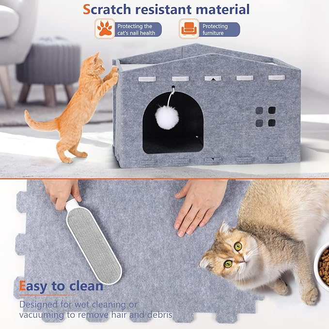 Cat House for Indoor Cats, Cat Beds Peekaboo Pet Cave with Fluffy Ball and Catnip Toy for Multiple Large Cats Up to 33 Lbs Foldable Cat Hideaway Scratch Resistant for Kitten Kitty (Grey