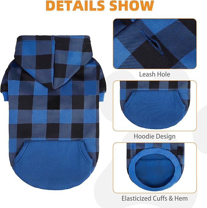 KOOLTAIL Plaid Dog Hoodie Pet Clothes Sweater with Hat and Pocket for Small Medium Large Size Dogs, Soft Winter Warm Dog Cold Weather Coat, Fleece Fall Dog Hooded Sweatshirt for Puppy Cats, Blue M