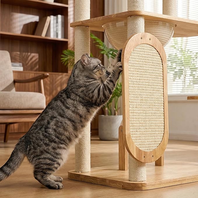 Solid Rubber Wood Modern Cat Tree with Scratching Posts Cat Scratching Ball and Board Washable Easy Clean for Large & Multi-Cat Homes