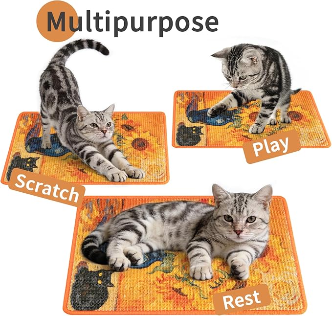 3-in-1 Sisal Cat Scratch Mat Floor & Wall Cat Scratcher Pad Scratching Post Scratch Furniture Couch Carpet Protector 23.6x15.7inch (Sunflower Cat)