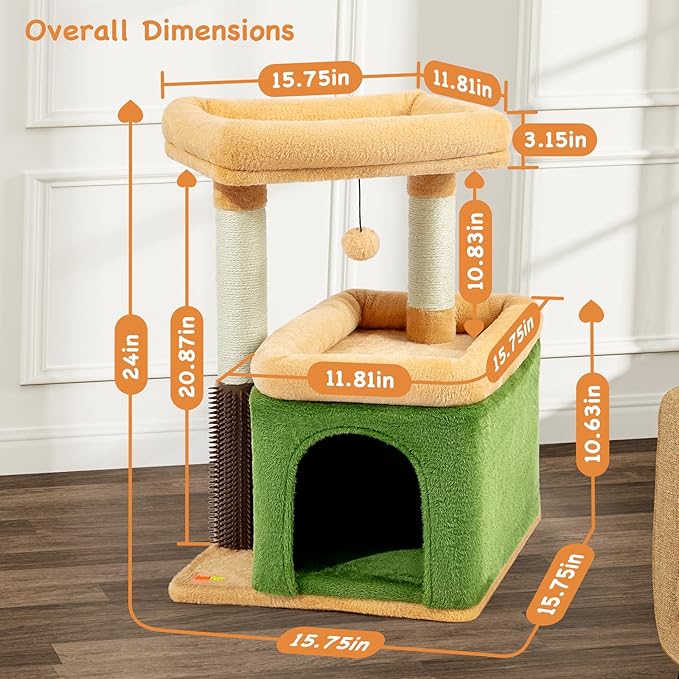 Small Cat Tree for Indoor Cats, Cat Scratching Post with Condo, Tower, Plush Cozy Perch, Massage Brush, Activity Hanging Pompoms for Kittens (Green)