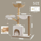 Moewrista Modern Cat Tree with Hammock 48.5 Inches Cat Tower with Scratching Post,Featuring Real Wood Post,Large Rattan Basket, Spacious Flower Perch and Condo for Indoor Cat Large Adults-Beige