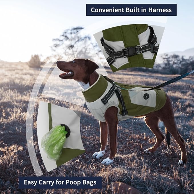 IECOii Large Dog Coat with Harness Built in,Reflective Waterproof Dog Coat for Giant Breeds - Zip Up Fleece Jacket for Dogs,Great Dane Winter Coats Warm Snowsuit for Cold Weather, Green, 4XL