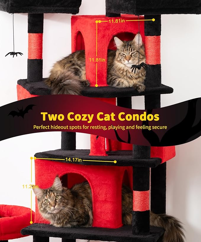 Heavy Duty Cat Tree for Indoor Cat, 71 Inch Large Cat Tower with Scratching Post and Top Perch, Hammock, Big Cat Condo for Adult Cats Kittens, PMT03RD, Black Red
