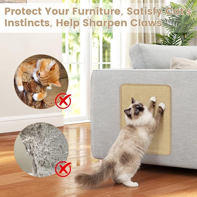 PETSITE Cat Scratcher Mat, Natural Sisal Scratching Mats, Horizontal Cat Floor Scratching Pad Rug with Adhesive Hook Loop Tapes (6, 15.75 x 11.81 in)