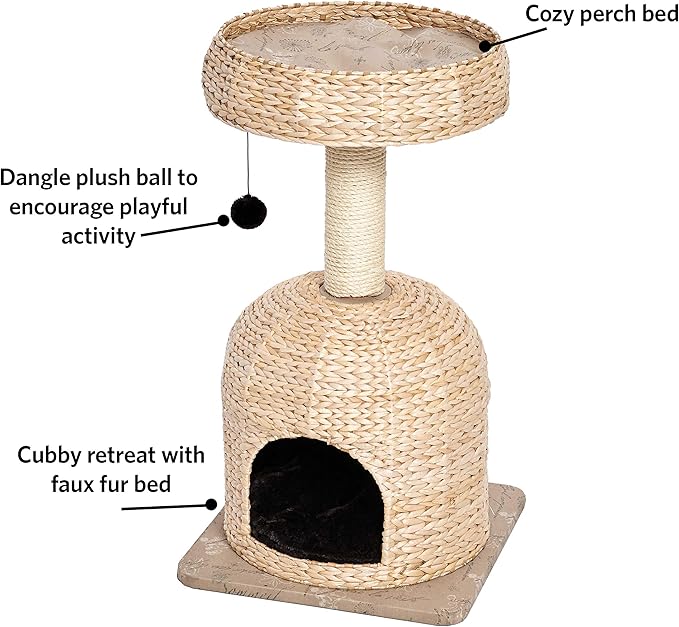 MidWest Homes for Pets Cat Tree |Scout Cat Furniture Cat Activity Tree w/Sisal Wrapped Support Scratching Posts & Dangle Play Balls, Woven Rattan & Script Small Cat Tree
