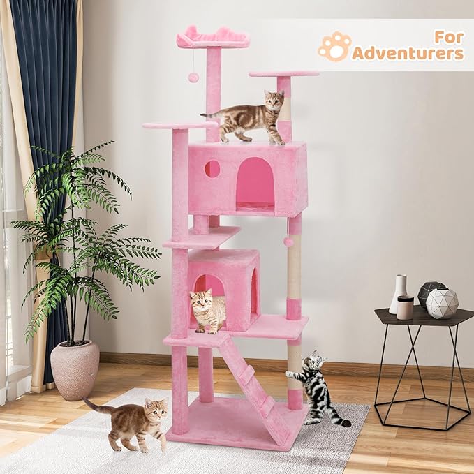 Tall Cat Tree with Scratching Post, 2 Cat Condos and Ladder, Cat Tower for Indoor Cats Kittens Climbing Tower with Anti-Tipping Rope, 77 Inch, Soft Pink