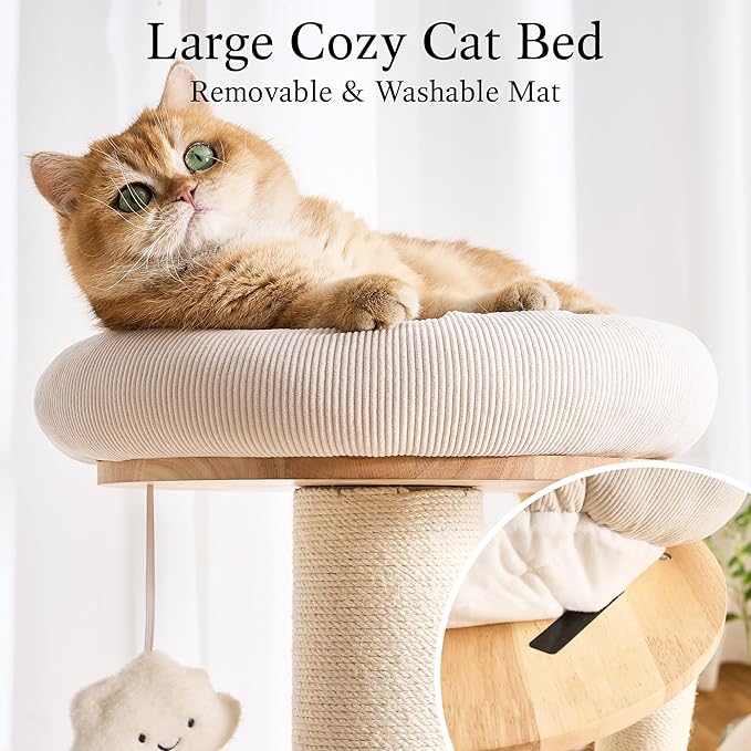 797Audio Modern Wood Cat Tree Tower, 64" Cat Tree with Sisal Scratching Posts, Condo, Capsule, Hammock for Indoor Cats, Solid Rubber Wooden Cat Tree, Multi-Level Tree for Large Adult Cat