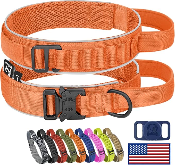 HYDEME Tactical Dog Collar, Alpine Loop Adjustable Military Training Nylon Dog Collars with Handle and Reflective for Small Medium Large Dogs, with Airtags Protective Case & Patches.(M,Orange)