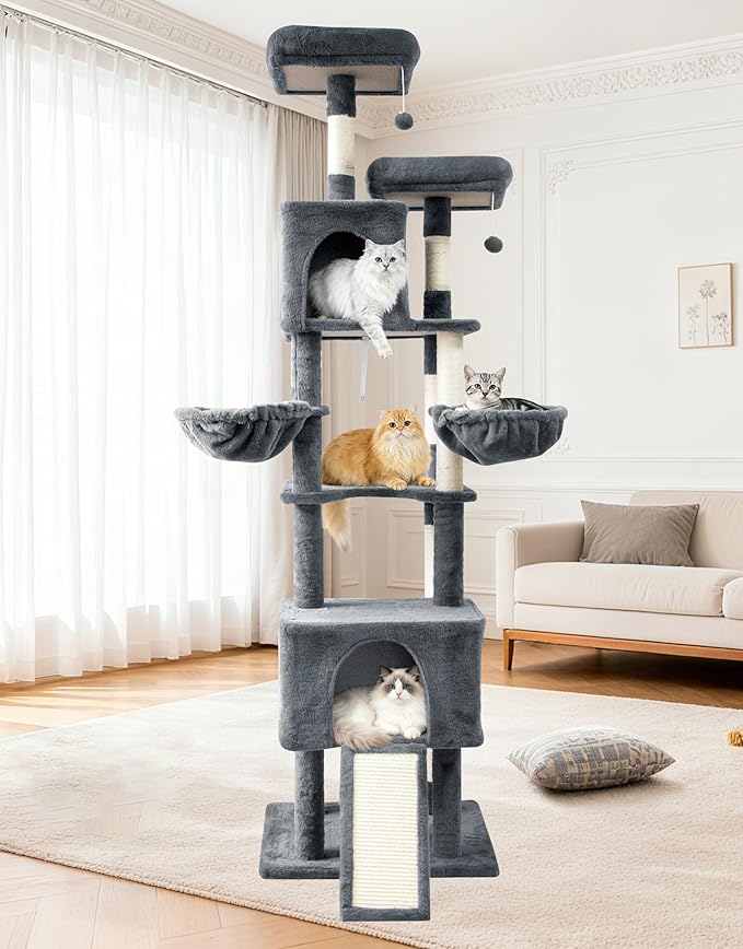 82" Tall Cat Tree,Giant Cat Tree for Indoor Cats Large Adult, Heavy Duty Cat Tree Tower, Extra Large Cat Trees with Scratching Posts, Cat Condos, Hammock,Top Perch,Ramp (Dark Grey)