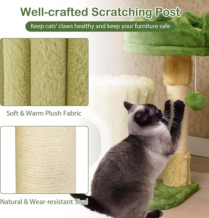 PETSITE 21.5-inch Cute Cat Tree, Small Cat Tree with Sisal Scratching Post, Cat Condo, Padded Top Perch, Interactive Spring and Dangling Ball, Ideal for Small Indoor Cats and Kittens, Green