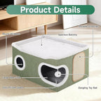 Cat Beds for Indoor Cats, Extra Wide Cat Cube House for Multi Cats, Foldable Cat Cave Hideaway with Arc-Edge Design & Oval Door, Double-Side Soft Cushion for All Seasons, 24"L x 17.7"D x 12.6"H, Green