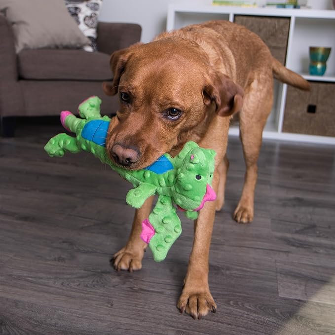 goDog Bubble Plush Skinny Dragons Squeaky Plush Dog Toy, Chew Guard Technology - Green, Large