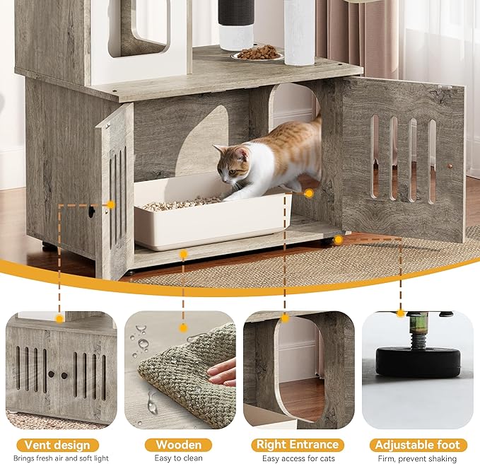 YITAHOME Cat Tree with Litter Box Enclosure, 2-in-1 Cat Furniture, Modern Cat Condo, Indoor Cat Tower with Wood House, Perch, Food Station, Hammocks, Scratch Post, Hair Brush, 59 Inch, Gray