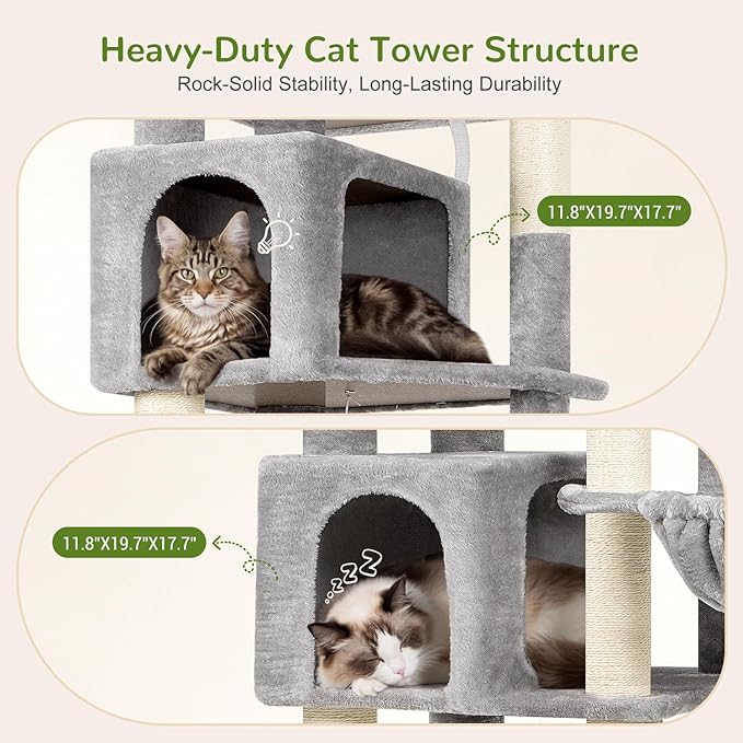 Globlazer 82 Inch Cat Tree for Large Cats, Multi-Level Tall Cat Tower for 4+ Cats with 2 Condos & 3 Perches, Stable No-Wobble Large Base, Space-Saving Corner Furniture, F82B, Light Gray