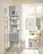 79.9 inch Cat Tree for Indoor Cats, Multi-Layer Scratching Post with Large Platform, 2 Caves, 7 Sisal Posts, Pompoms, Cat Basket, Hammock, Suitable for Cats, Light Grey MS20318LG