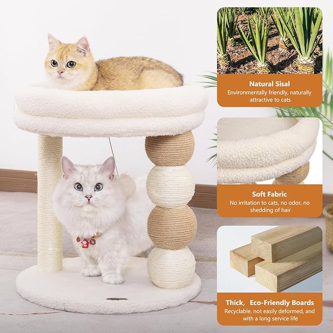 Small Cat Tree for Indoor Cats with Large Cozy Plush Top Perch, Natural Sisal Scratching Posts for Kittens and Cats