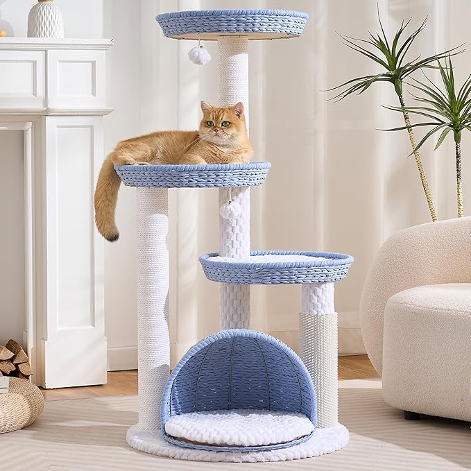 HITTITE Modern Cat Tree Tower with Scratching Post, 46 Inches Tall Cat Towers with Woven Cat Nests and Cave, Multi-Level Cat Tree With Removable Cushions and Massage Brush for Indoor Cats Large Adult.