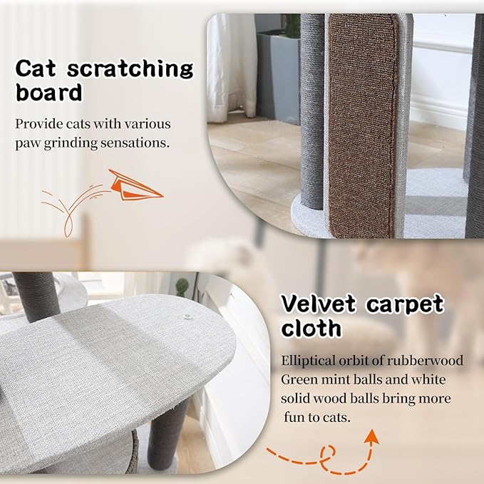 Modern Cat Tree for Indoor Cats, 50'' Multi-Level Cat Tower for Large Adult Cats, Sturdy Heavy Duty Design with 8 Sisal Scratching Posts 1 Board, Semi-Enclosed Condo, Space Capsule Perch