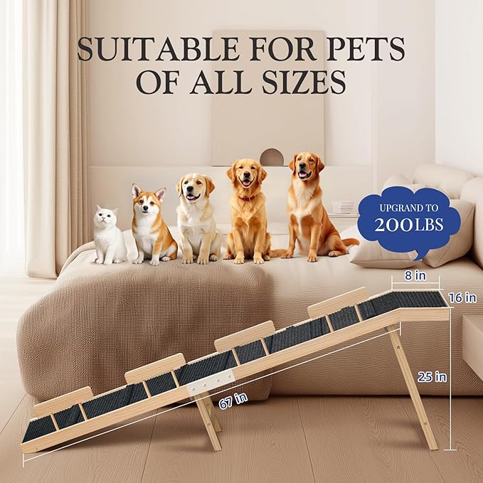Easyego Foldable Dog Ramp for Bed, 74" Wood Pet Ramp with Side Rails and High Traction Carpet, 22° Gentle Long Slope, Top Landing Platform, Supports up to 200 LBS for Senior Dogs - Natural