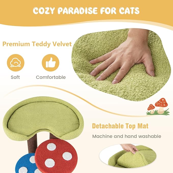 Giantex Cute Cat Tree - 37 Inches Mushroom Cat Tower with 3 Full-Wrapped Sisal Scratching Post, Padded Top Perch, Washable Mat, Multi-Level Cat Activity Tree for Indoor Cats Kitten