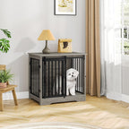 27.2" Dog Crate Furniture with Barn Door, Heavy Duty Dog Kennel Indoor with 2 Doors, Wooden Pet Cage End Table for Small Medium Dogs up to 22 lb, Anti-Chew Anti-Escape, Greige DFC84305B