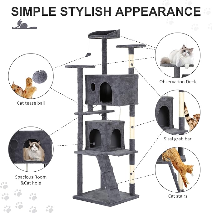 81" Multi-Level Cat Tree Tower with Scratching Posts - Space-Saving Design for Indoor Kittens Toys & Condo, Compact Floor Footprint & Vertical Space for Multi-Cat Homes-Dark Grey