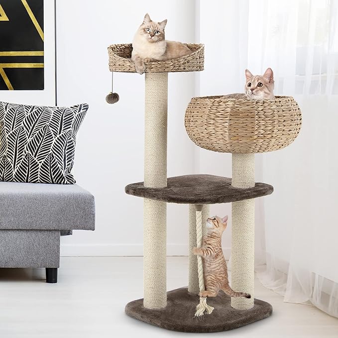 41 Inches Wicker Cat Tree, Modern Cat Tower with Handwoven Cat Condo & Perch, Scratching Post, Dangling Balls and Sisal Rope, Indoor Cat Tree Tower for Large Adult Cats 20 Lbs