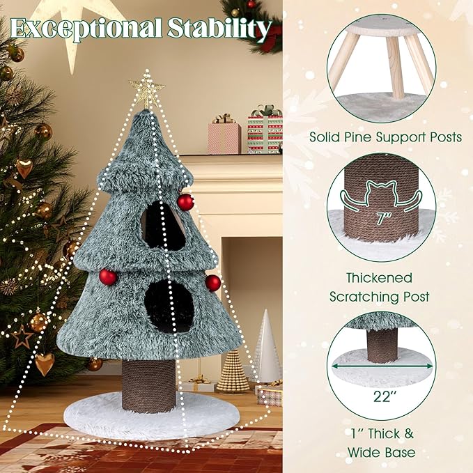 PETSITE 48.5 Inches Cat Christmas Tree, Cute Cat Tower with Scratching Post, 2 Comfy Condos and Decorative Festival Dangling Balls, Star-Shaped Ornament Sits at The Top, Soft Polar Fleece Covered