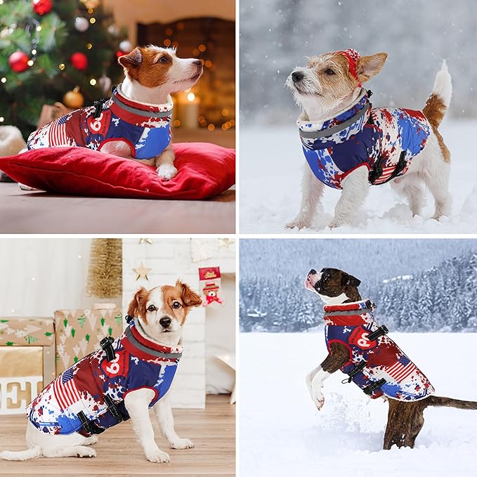 Dogcheer Dog Winter Coat, American Flag Dog Jacket with Harness, Adjustable Puppy Coat with Zipper, Waterproof Pet Fleece Jacket Snowsuit for Small Medium Large Dogs - US Flag XS