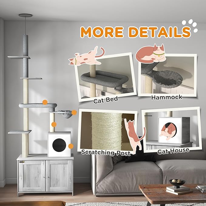 PawHut Cat Tree with Litter Box Enclosure, 2 in 1 Floor to Ceiling Cat Tower Litter Box Furniture with Condo, Bed, Hammock, Scratching Posts, and Platforms for Indoor Use, Gray