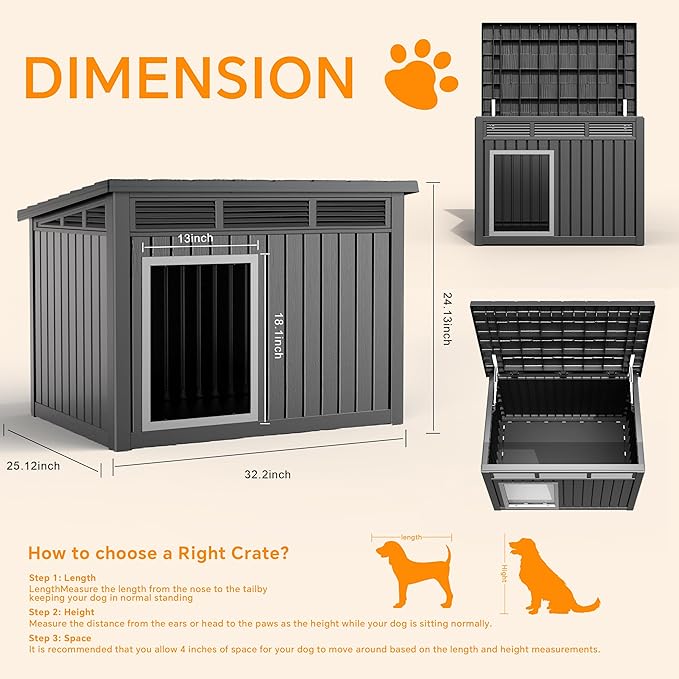 VIXZEN Dog House Indoor Outdoor,Waterproof Dog House for Small to Large Dogs,Doghouse with Air Vents and Elevated Floor,Openable at the Top,Easy to Assemble and Clean (Deep Black, 32.2*25.12*24.13)