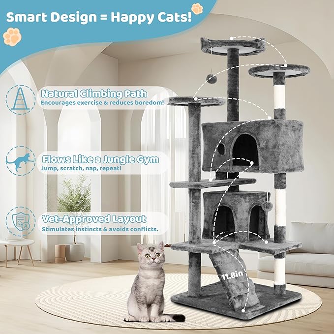 Cat Climbing Tower, Cat Jumping Platform Space Saving Cat Condo Pet Play House for Indoor Cats, 54", Ashy