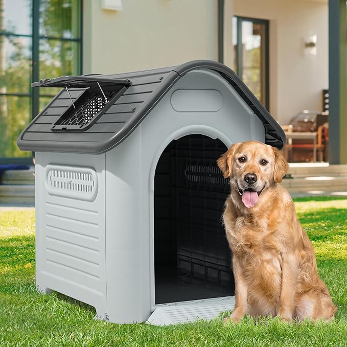 YITAHOME Dog House Outdoor Plastic Doghouse Water Resistant Pet House with Adjustable Skylight and Elevated Base for Small, Medium, and Large Dogs