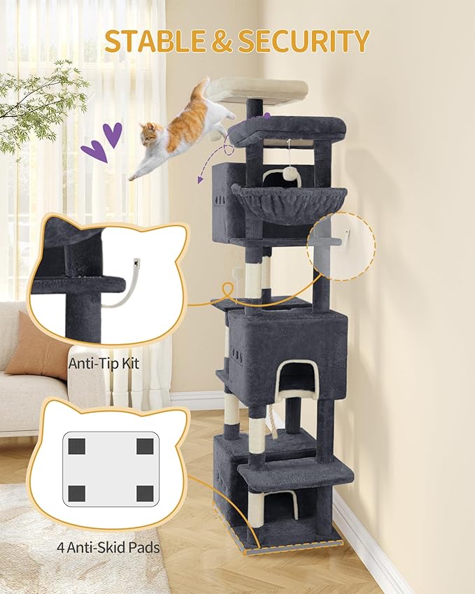 76" Cat Tree, Large Cat Tower for Indoor Cats, Multi-Level Cats House Furniture with 2 Platforms, 3 Condos, 7 Scratching Posts, 1 Basket, 3 Caves, Pompoms, Dark Grey MS19218SG