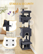 76" Cat Tree, Large Cat Tower for Indoor Cats, Multi-Level Cats House Furniture with 2 Platforms, 3 Condos, 7 Scratching Posts, 1 Basket, 3 Caves, Pompoms, Dark Grey MS19218SG