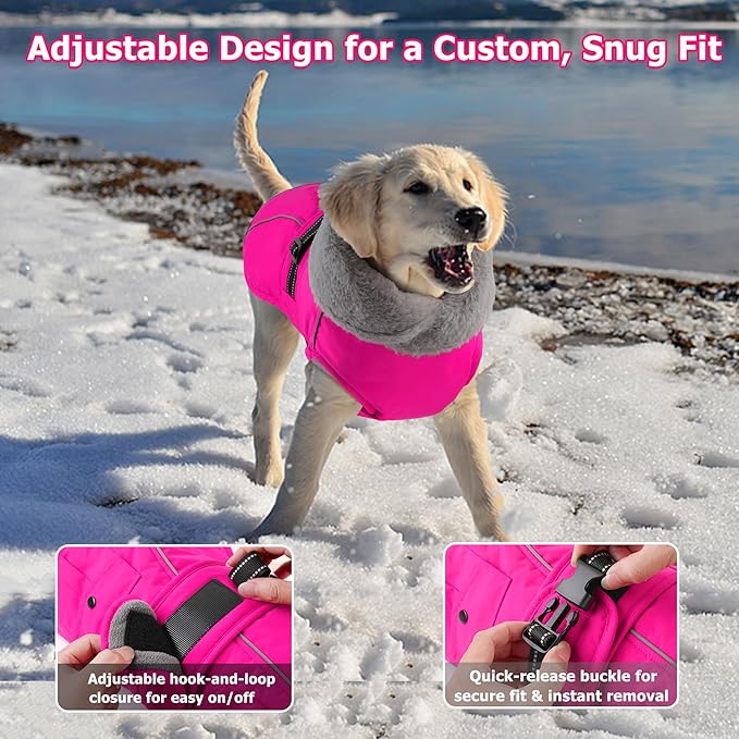 Dogcheer Dog Coat with Pocket, Waterproof Dog Jacket with Adjustable Buckle, Reflective Puppy Winter Coat Warm Turtleneck Fleece SnowJacket for Small Medium Large Dogs - Pink M