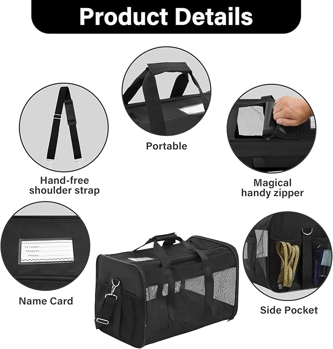 FluffyDream Pet Travel Carrier Soft Sided Portable Bag for Cats, Small Dogs, Kittens or Puppies 17 lbs Max, Collapsible, Durable, Airline Approved, Travel Friendly (Medium)