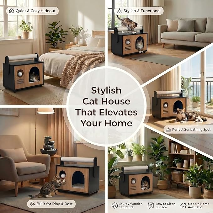 Ecove Family Cat House for Indoor Cats, Modern Wooden Cat Cave Condo with Scratching Posts, Washable Cushion, Durable Cat Furniture, Bed for Small and Medium Cats
