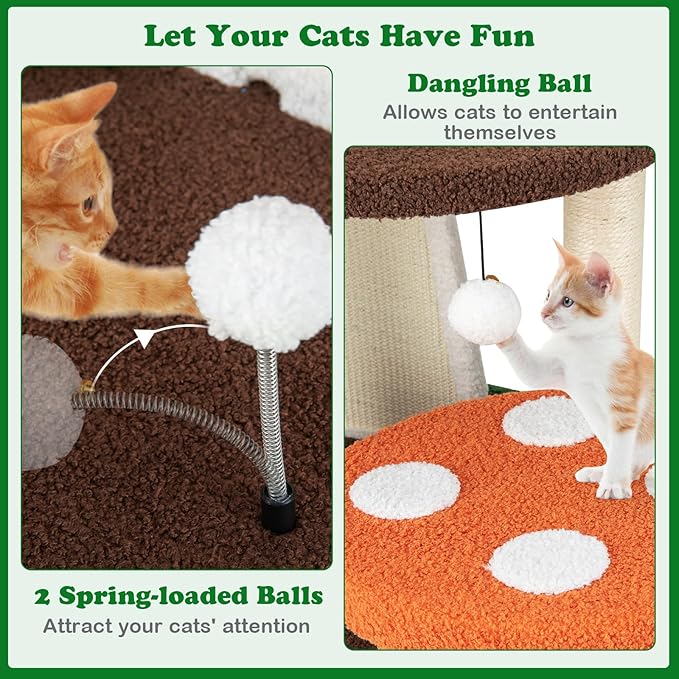 Mushroom Cat Tree, Multi-Layer Cat Tower with 2 Condos & Platforms, Cat Activity Center with Full-Wrapped Sisal Posts, Sisal Scratching Boards & Interactive Balls for Indoors (57.5")