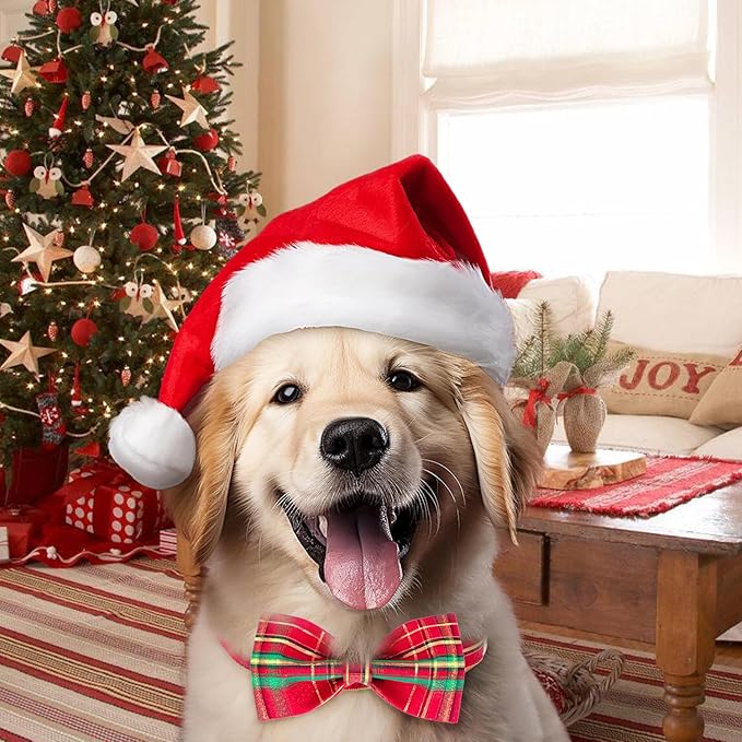 Tunkoo Dog Collar Christmas Shiny Plaid with Bow Tie, Rose Gold Metal Buckle Durable Adjustable Dog Collars - for Small Medium Large Festive Pets Collar, S