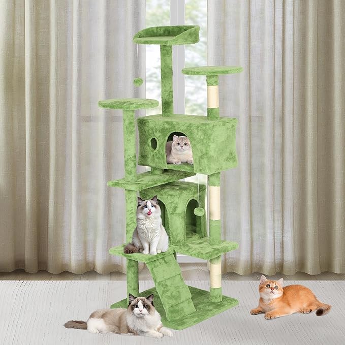 Heavy Duty Cat Tree,70 Inch Tall Cat Tower,2 Cozy Condos,Scratching Posts,Ladders & Sisal Pole,Multi-Level Perches Platforms for Indoor Cats,Sturdy Pet Climbing Furniture,Green